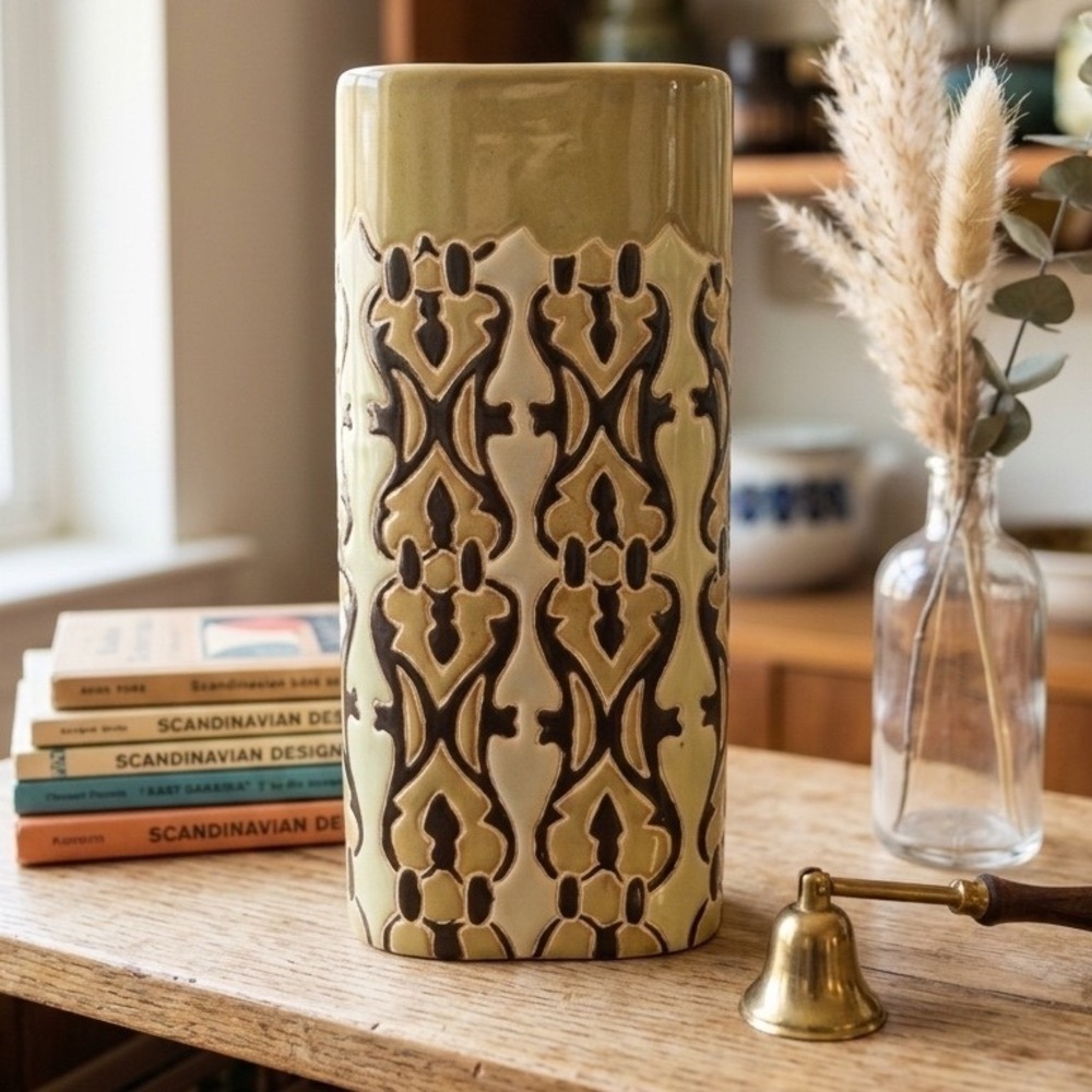 Anthropologie MCM Style Ceramic Pillar Vase Olive Green Geometric Pattern 8.5"